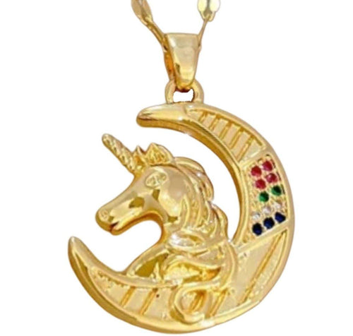 Gold plated Half Moon Unicorn Necklace with colored rhinestones, 55cm stainless steel chain.