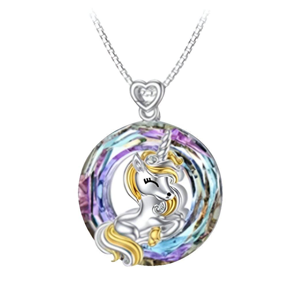 Heart Shape Unicorn Crystal Round Pendant Necklace -  with colorful crystals and silver chain.