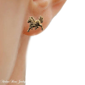 Horse GP Stud Earrings featuring a trotting pony design in rose gold plating with metal and rubber back clasps, ideal gift.