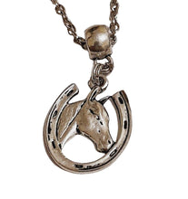  Horse Head Charm Necklace -with Horseshoe Pendant and Crystal Birthstone on 55cm Chain.