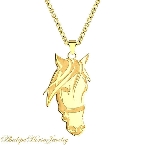 Gold horse head pendant necklace with 60cm stainless steel chain.