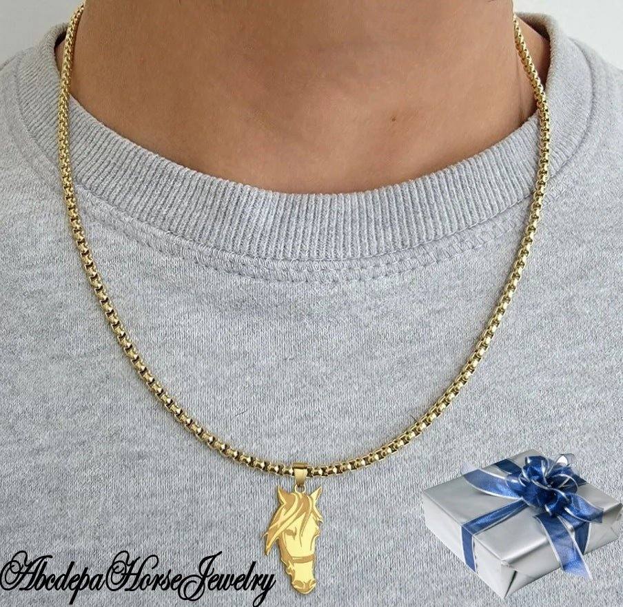 Gold horse head pendant necklace with stainless steel chain, unisex design, gift wrapped option available.