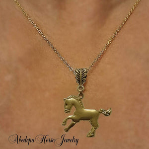 Handcrafted gold horse pendant necklace with plated chain, 4cm x 3cm pendant, 60cm length.