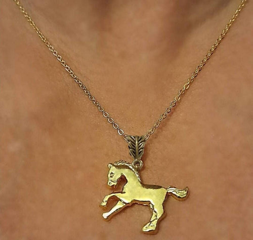 Horse Pendant Antique Necklace on Gold Plated Chain, 60cm Length.