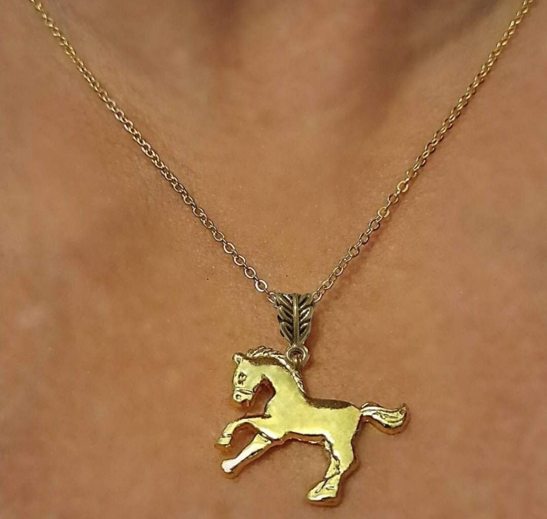 Horse Pendant Antique Necklace on Gold Plated Chain, 60cm Length.