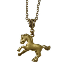 Handcrafted gold horse pendant necklace with gold plated chain.