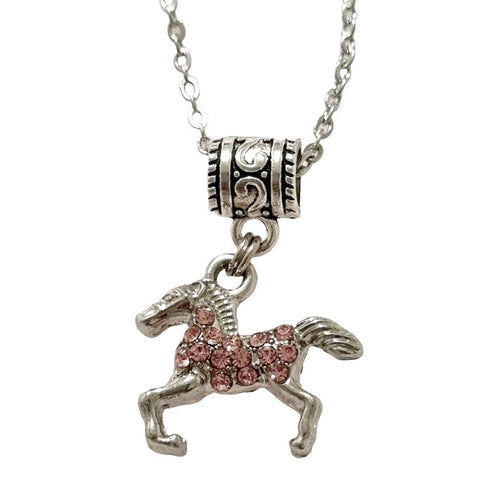 Horse Pink Spotted Charm Necklace with pink crystals and antique silver connector on a 60cm silver tone chain.