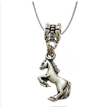 Horse rearing charm cluster necklace with silver pendant and birthstone option.