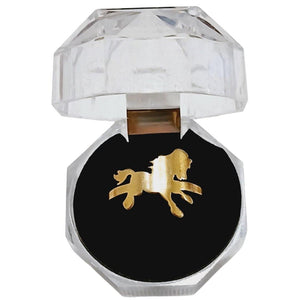 Gold stainless steel horse ring in a clear display box.