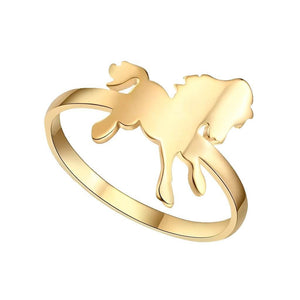 Gold stainless steel horse ring with yellow gold tone finish.