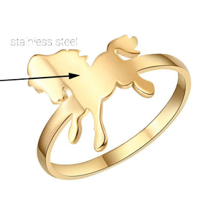 Gold stainless steel horse ring in yellow gold tone with horse design.