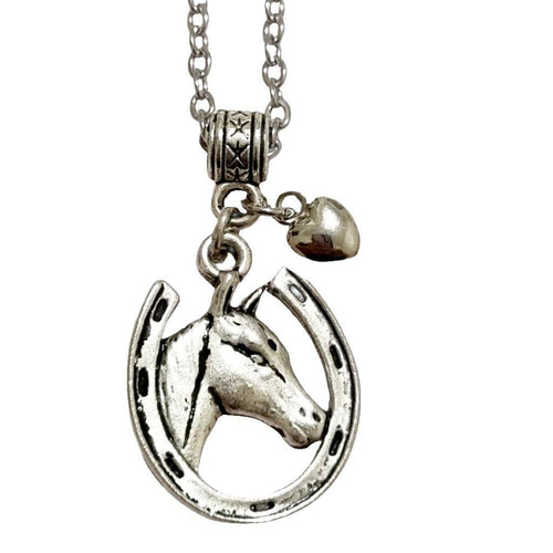 Horse silver charm necklace with horsehead and horseshoe on stainless steel chain.