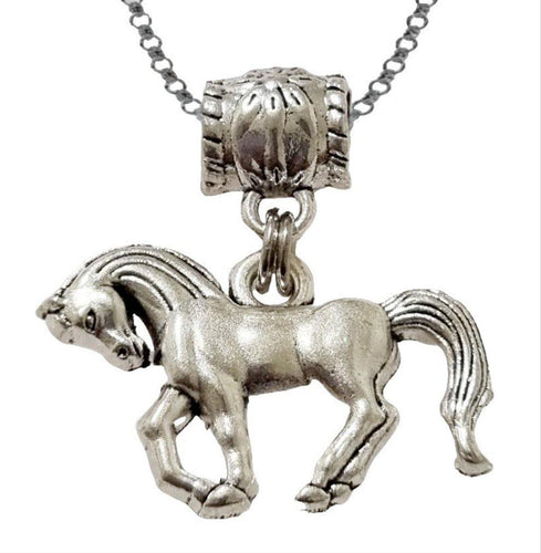 Horse silver pendant charm necklace with heart and horse charm on stainless steel chain.