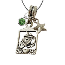 Horse Stable Charm Pendant Necklace on 55cm stainless steel chain with green birthstone and star charm.