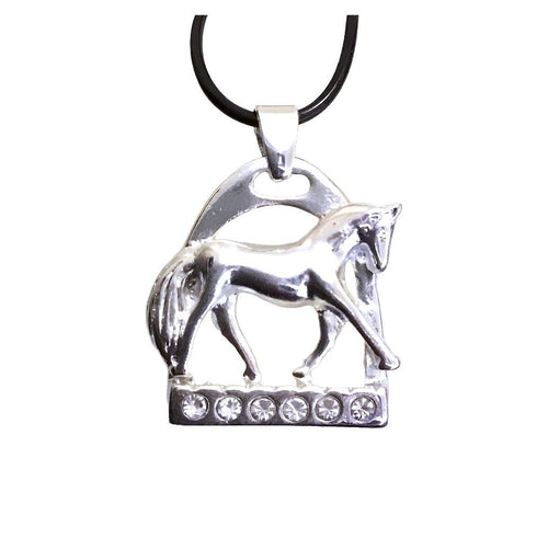 Silver horse stirrup choker with crystals and black rubber cord.