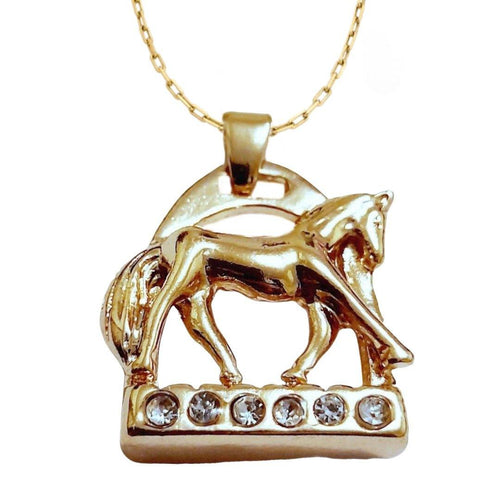 Gold horse stirrup necklace with extending trot horse and crystals.