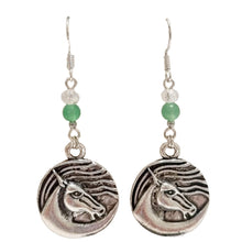 Horsehead Green Aventurine Bead Crystal Earrings with antique silver charm and flowing mane design.