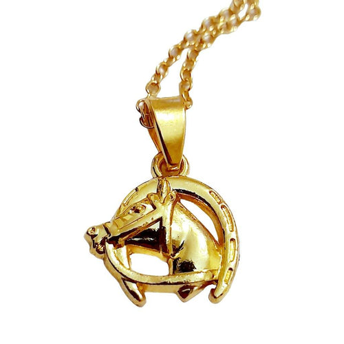 Gold horsehead in horseshoe pendant necklace on chain.