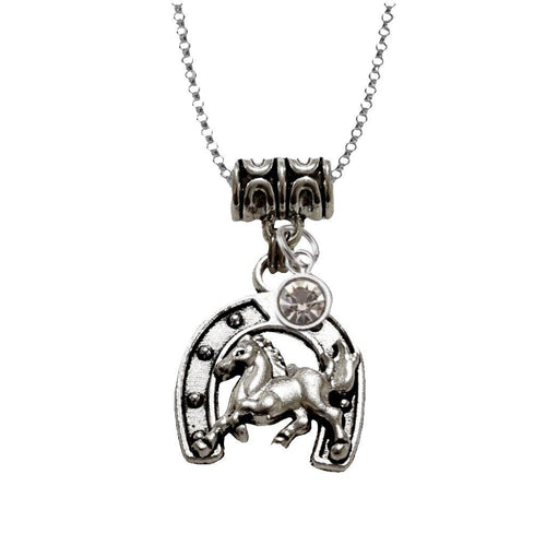 Horseshoe and horse charm necklace with stainless steel chain.