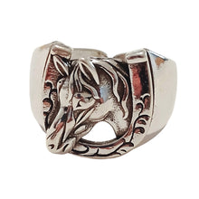 Horseshoe Horse Silver Ring with detailed horsehead design, versatile open size, made of high-quality metals.