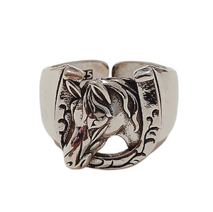 Horseshoe Horse Silver Ring with detailed horsehead design in silver.