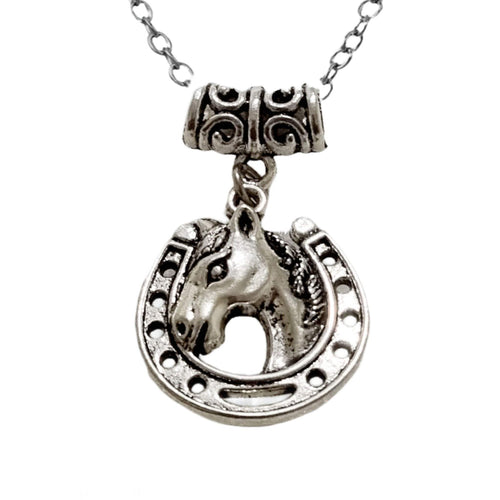 Horseshoe Horsehead Pendant Charm Necklace for Equestrians with Stainless Steel Chain.