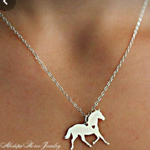 Silver Love Heart Horse Necklace with trotting horse pendant and heart detail, adjustable chain.