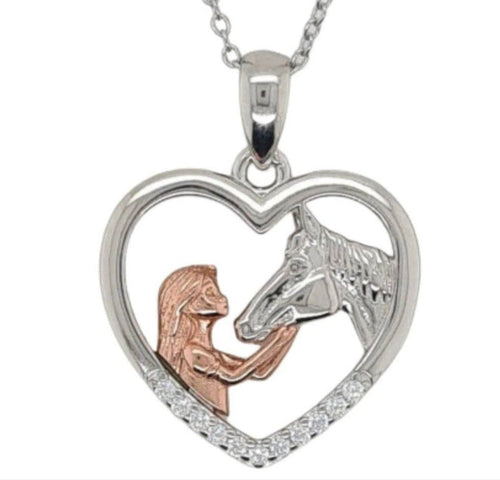 Silver loveheart necklace with girl and silver horse in crystal heart pendant.