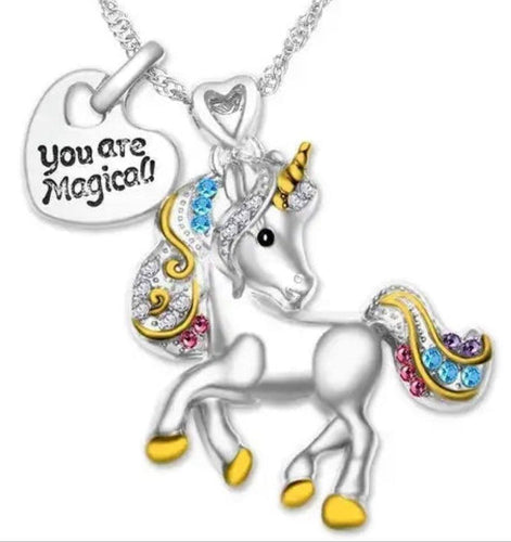 Magical unicorn and charm silver necklace - with colorful mane, gold hooves, and engraved loveheart pendant.