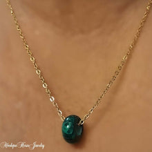 Malachite Donut Necklace with Green and Black Gemstone on Gold Chain