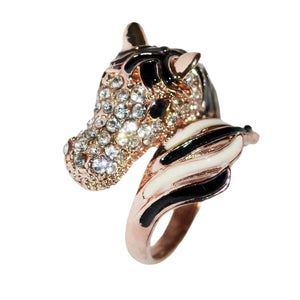 Tail Horse Ring with crystal stones on head, black and white design, equestrian jewelry.