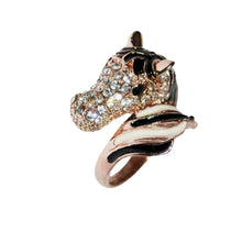 Tail Horse Ring with clear crystal stones, black and white details, gift bag included.