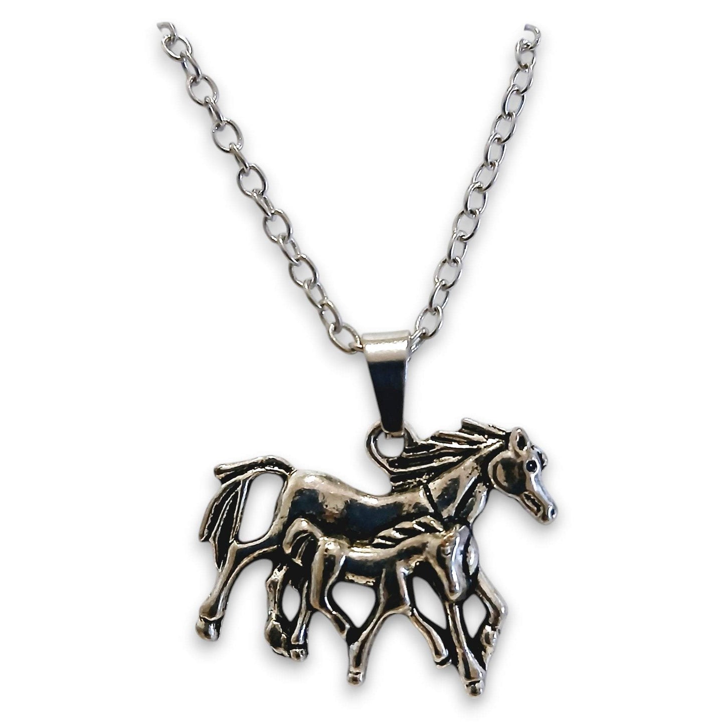 Foal silver pendant necklace with mare and foal design on a stainless steel chain.