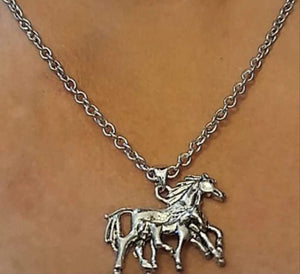 Foal Silver Pendant on silver chain necklace with mare and foal design.