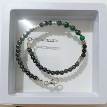 Mens Malachite Grey Hematite Bracelet - with silver lobster clasp, green and grey beads in a jewelry box.