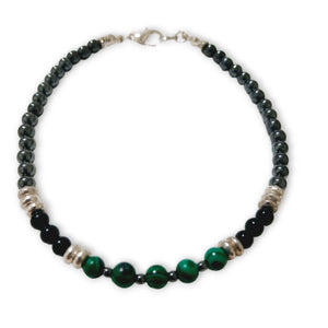 Mens malachite grey hematite bracelet - with silver spacers and black beads, 19cm length.