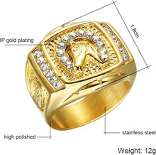 Gold horse ring with crystals, featuring horseshoe design, stainless steel unisex size 12. Ideal gift for horse enthusiasts.