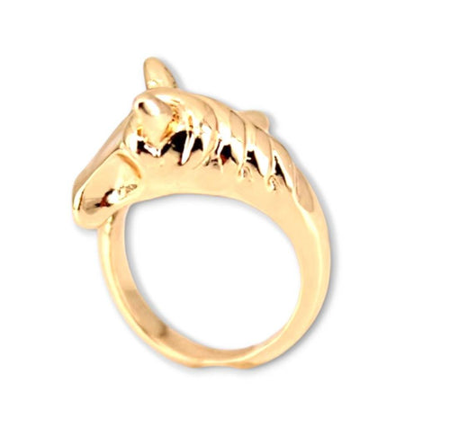 Open Size Horse Head to Tail Gold Ring, adjustable jewelry piece.