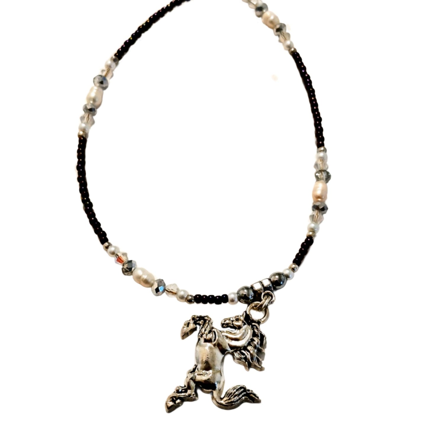 Pearls Silver Horse Beaded Necklace - AbcdepaHorseJewelry