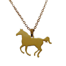 Gold stainless steel horse cantering necklace with optional letter charm on a 55 cm chain.