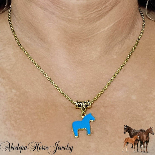 Pony blue pendant antique gold charm necklace on stainless steel chain.