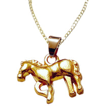 Gold standing pony necklace with gold plated horse pendant and stainless steel chain.