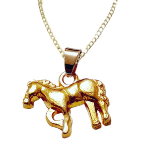 Gold standing pony necklace with gold plated horse pendant and stainless steel chain.