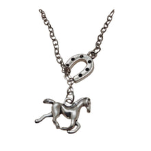 Silver pull thru horse necklace with horseshoe and running horse charm, equestrian style.