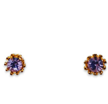 Purple GP Zirconia Studs with gold plated prongs and halo design.