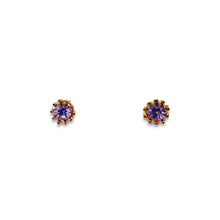 Purple GP Zirconia Studs with gold plated prongs and halo design.