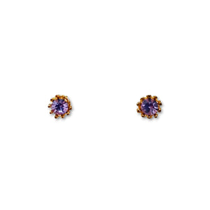 Purple GP Zirconia Studs with gold plated prongs and halo design.