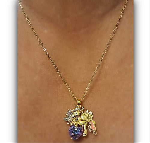 Purple Heart Peagus Pendant Necklace with Gold Chain and Crystal Loveheart.