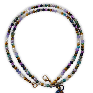 Purple gemstone beaded necklace with metal horse pendant and crystal rondels.