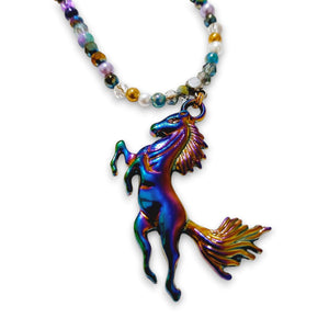 Purple Horse Gemstone Beaded Necklace with Crystal Rondels and Metal Horse Pendant